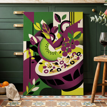 Orchard in Aubergine, purple, green, black nature wall art on canvas displayed in a styled interior, gallery view 1