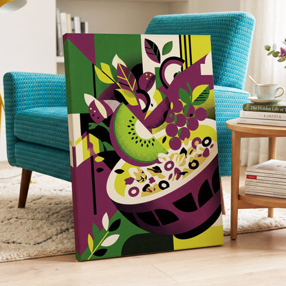 Orchard in Aubergine, purple, green, black nature wall art on canvas displayed in a styled interior, gallery view 2