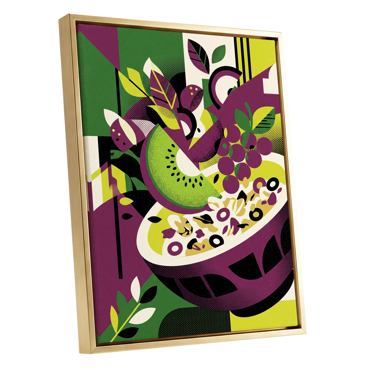 Orchard in Aubergine, purple, green, black nature wall art shown as a gold framed canvas wall art