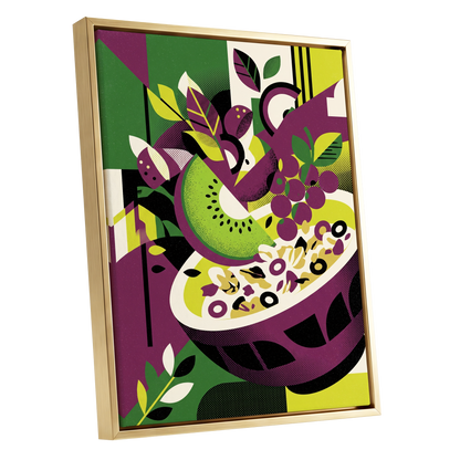 Orchard in Aubergine, purple, green, black nature wall art shown as a gold framed canvas wall art