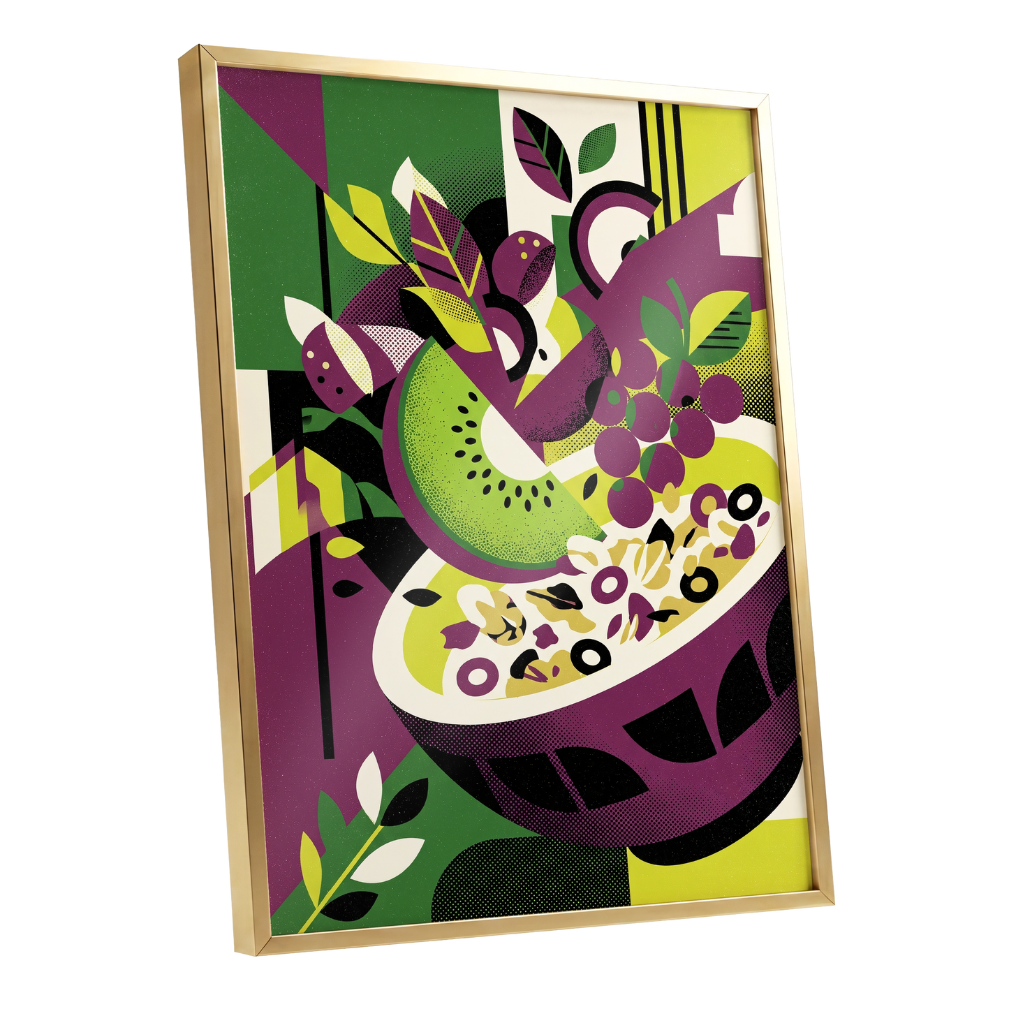 Orchard in Aubergine, purple, green, black nature wall art shown as a gold framed poster wall art print