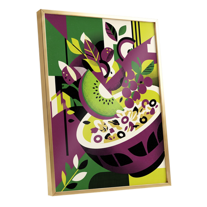 Orchard in Aubergine, purple, green, black nature wall art shown as a gold framed poster wall art print
