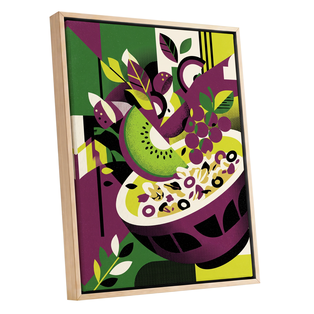Orchard in Aubergine, purple, green, black nature wall art shown as a oak framed canvas wall art