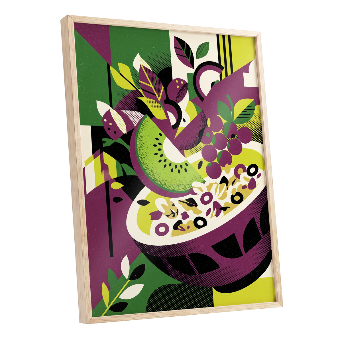 Orchard in Aubergine, purple, green, black nature wall art shown as a oak framed poster wall art print