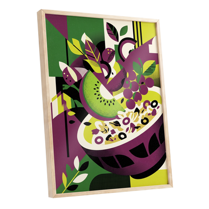 Orchard in Aubergine, purple, green, black nature wall art shown as a oak framed poster wall art print
