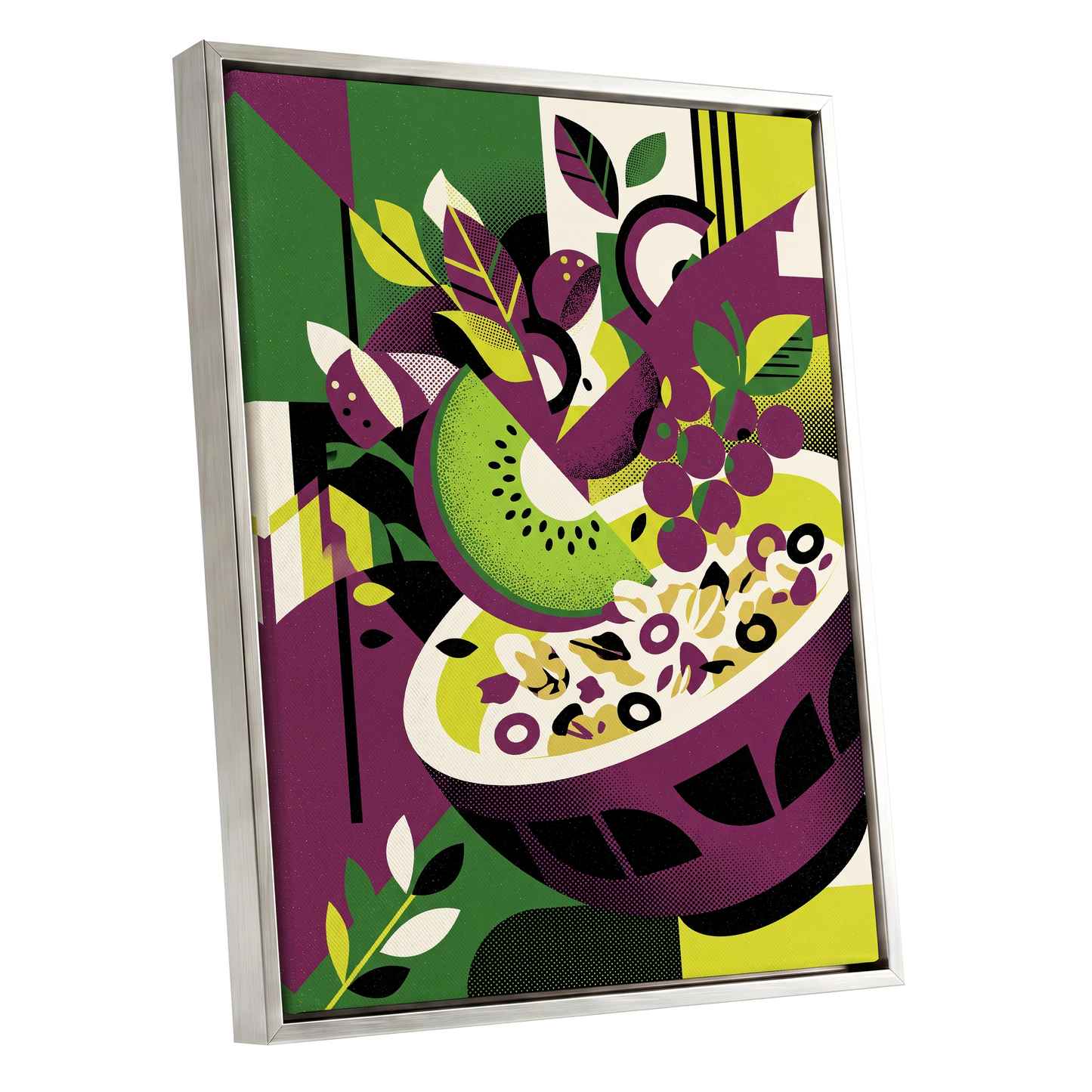 Orchard in Aubergine, purple, green, black nature wall art shown as a silver framed canvas wall art