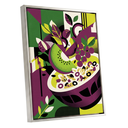 Orchard in Aubergine, purple, green, black nature wall art shown as a silver framed canvas wall art