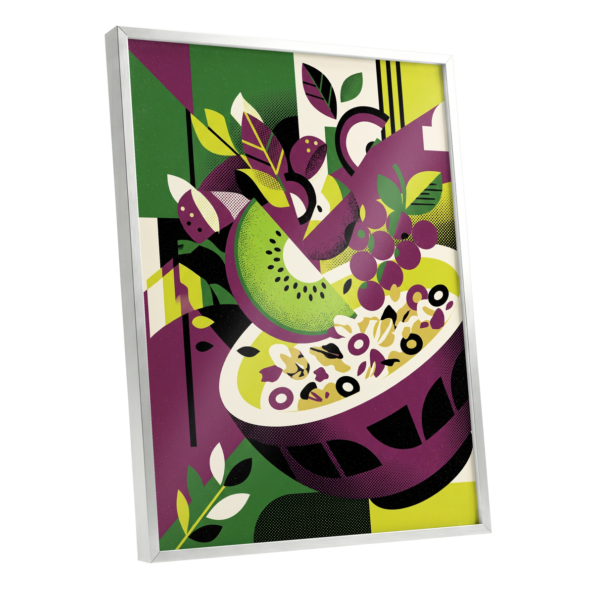 Orchard in Aubergine, purple, green, black nature wall art shown as a silver framed poster wall art print