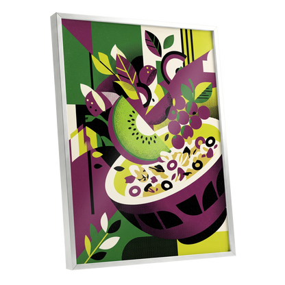 Orchard in Aubergine, purple, green, black nature wall art shown as a silver framed poster wall art print