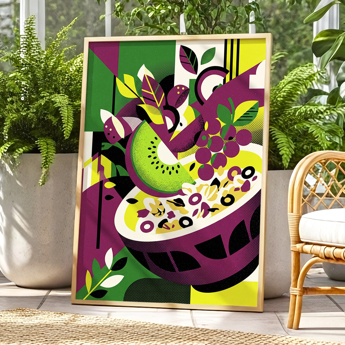 Orchard in Aubergine, purple, green, black nature wall art displayed in a styled interior, gallery view 1
