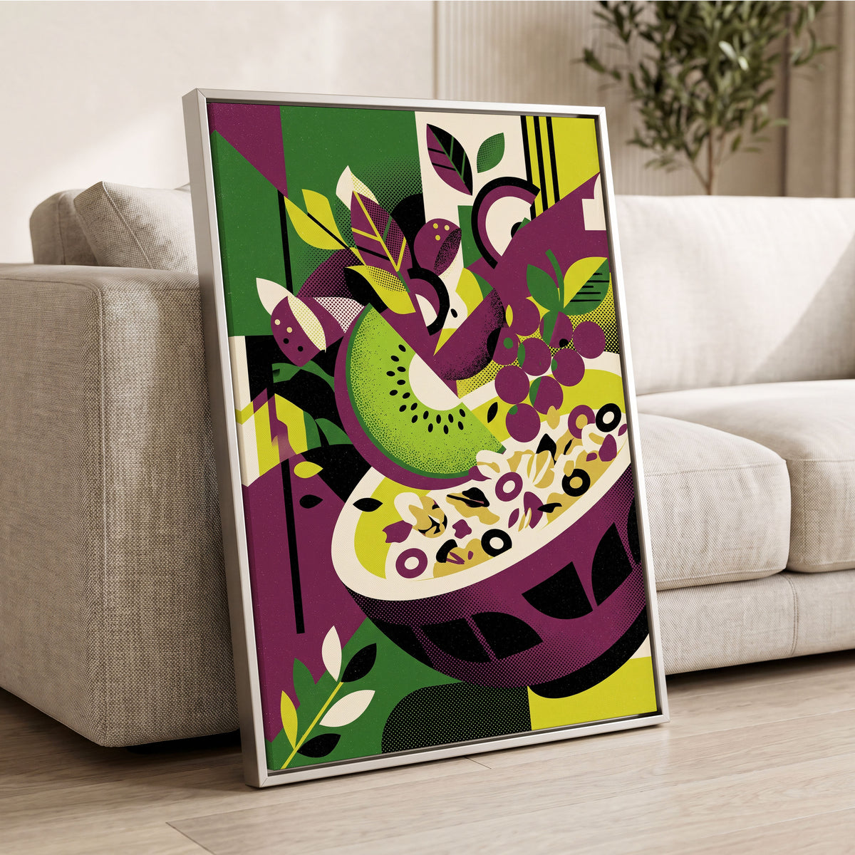 Orchard in Aubergine, purple, green, black nature wall art displayed in a styled interior, gallery view 2