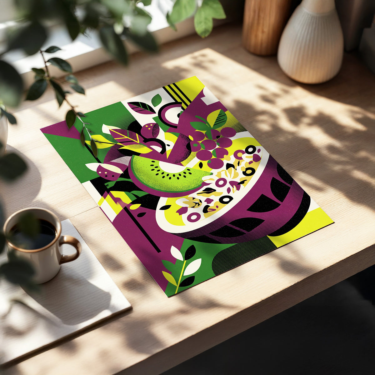 Orchard in Aubergine, purple, green, black nature wall art displayed in a styled interior, gallery view 3