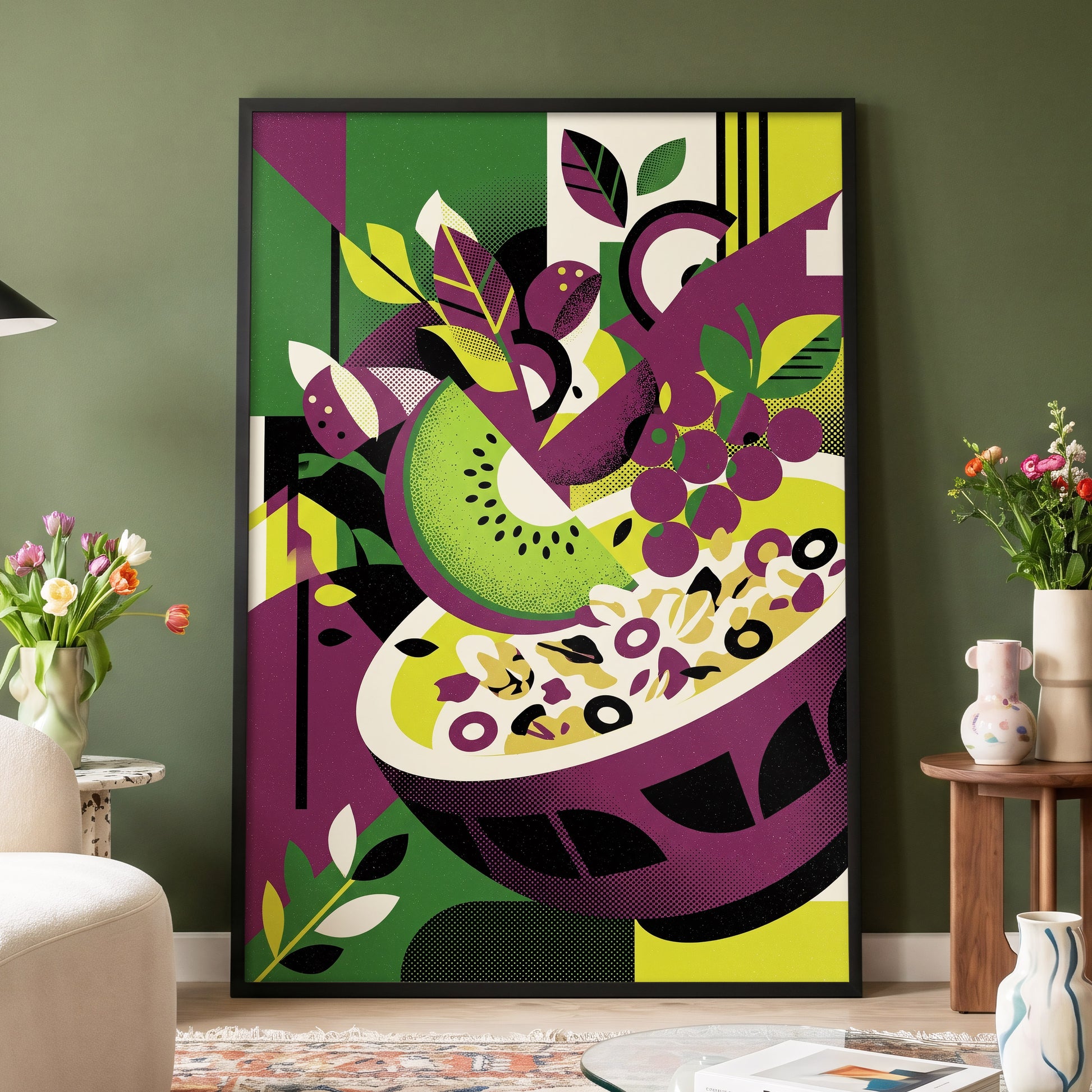 Orchard in Aubergine, purple, green, black nature wall art displayed in a styled interior, gallery view 4