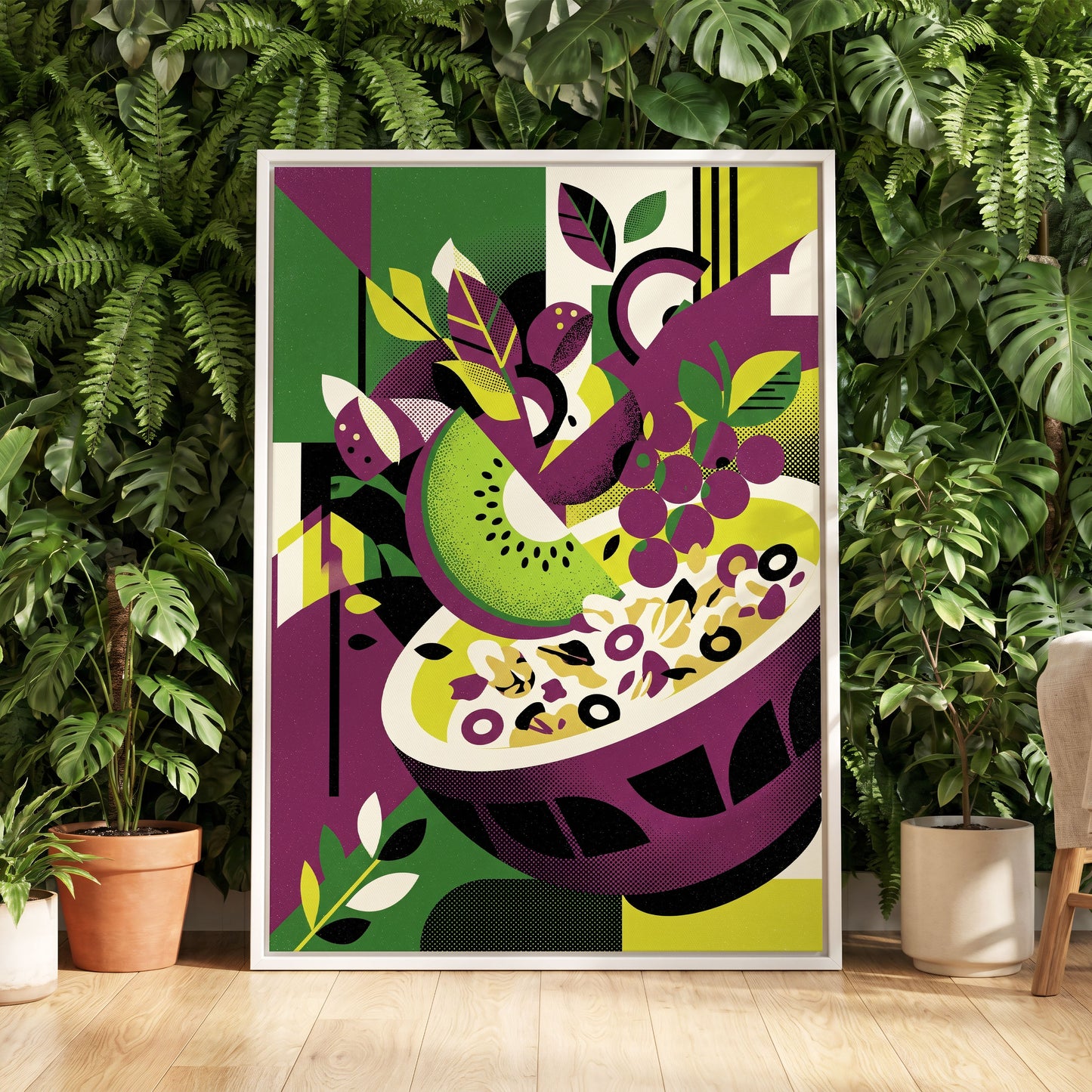 Orchard in Aubergine, purple, green, black nature wall art displayed in a styled interior, gallery view 5