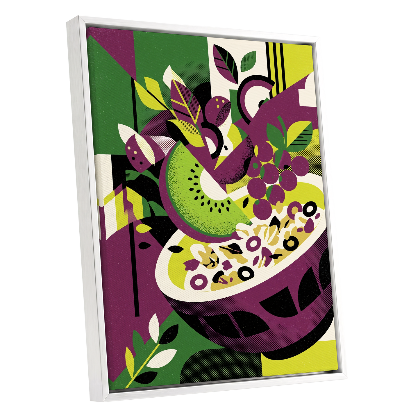Orchard in Aubergine, purple, green, black nature wall art shown as a white framed canvas wall art