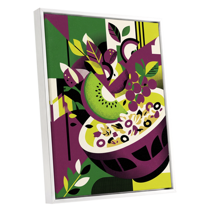 Orchard in Aubergine, purple, green, black nature wall art shown as a white framed canvas wall art
