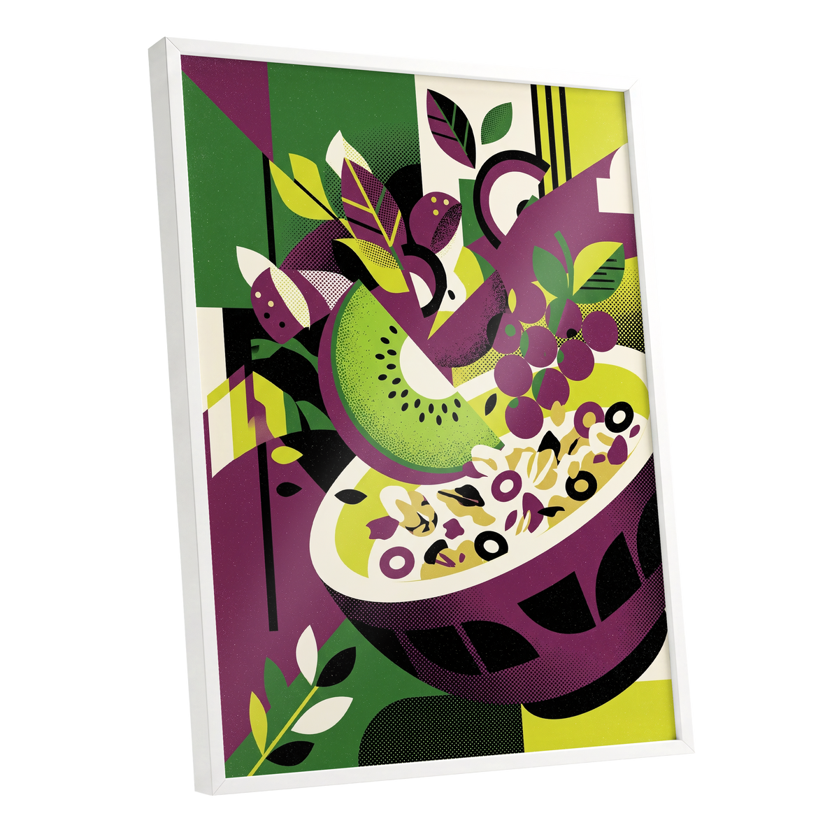 Orchard in Aubergine, purple, green, black nature wall art shown as a white framed poster wall art print