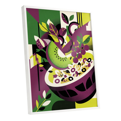 Orchard in Aubergine, purple, green, black nature wall art shown as a white framed poster wall art print