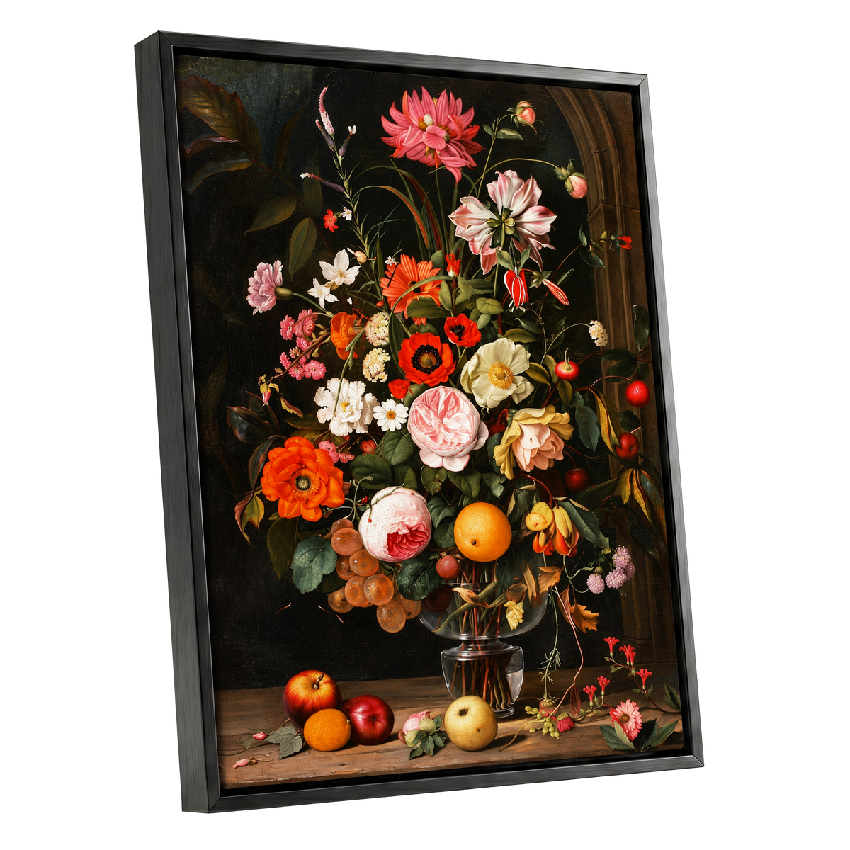 Orchard in Bloom, black, green, pink floral wall art shown as a black framed canvas wall art