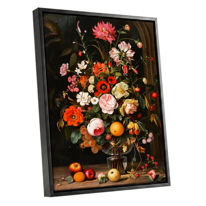 Orchard in Bloom, black, green, pink floral wall art shown as a black framed canvas wall art