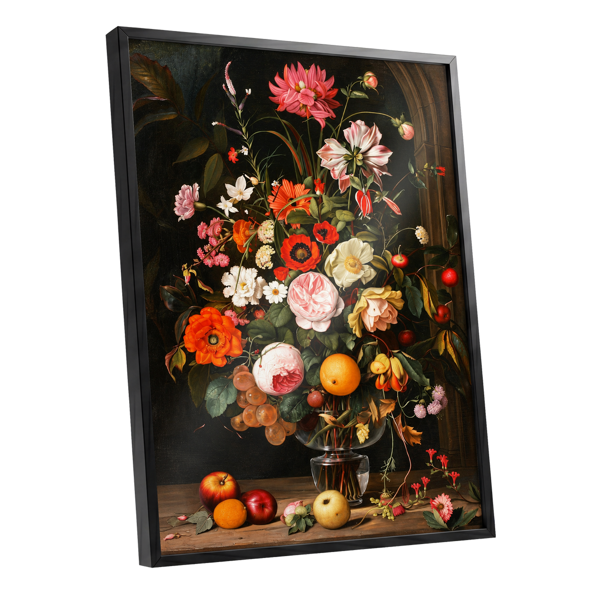 Orchard in Bloom, black, green, pink floral wall art shown as a black framed poster wall art print
