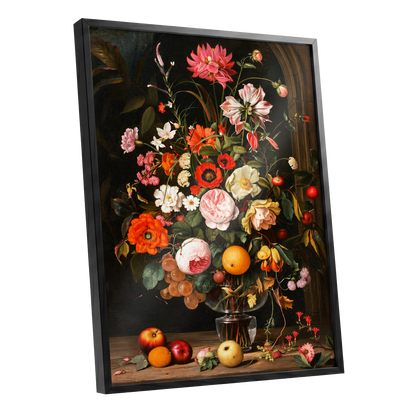 Orchard in Bloom, black, green, pink floral wall art shown as a black framed poster wall art print