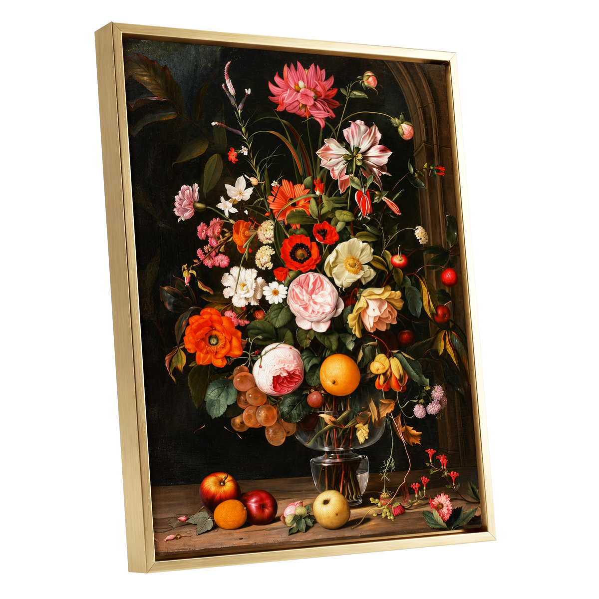 Orchard in Bloom, black, green, pink floral wall art shown as a gold framed canvas wall art