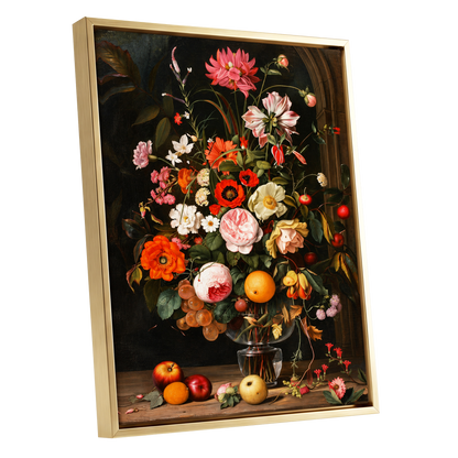 Orchard in Bloom, black, green, pink floral wall art shown as a gold framed canvas wall art