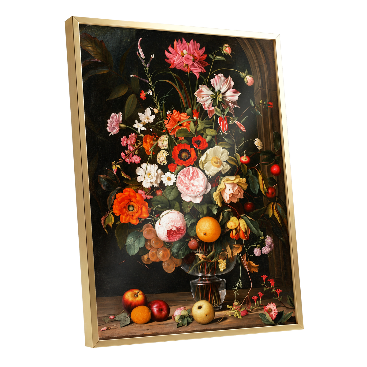 Orchard in Bloom, black, green, pink floral wall art shown as a gold framed poster wall art print
