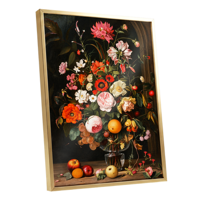 Orchard in Bloom, black, green, pink floral wall art shown as a gold framed poster wall art print