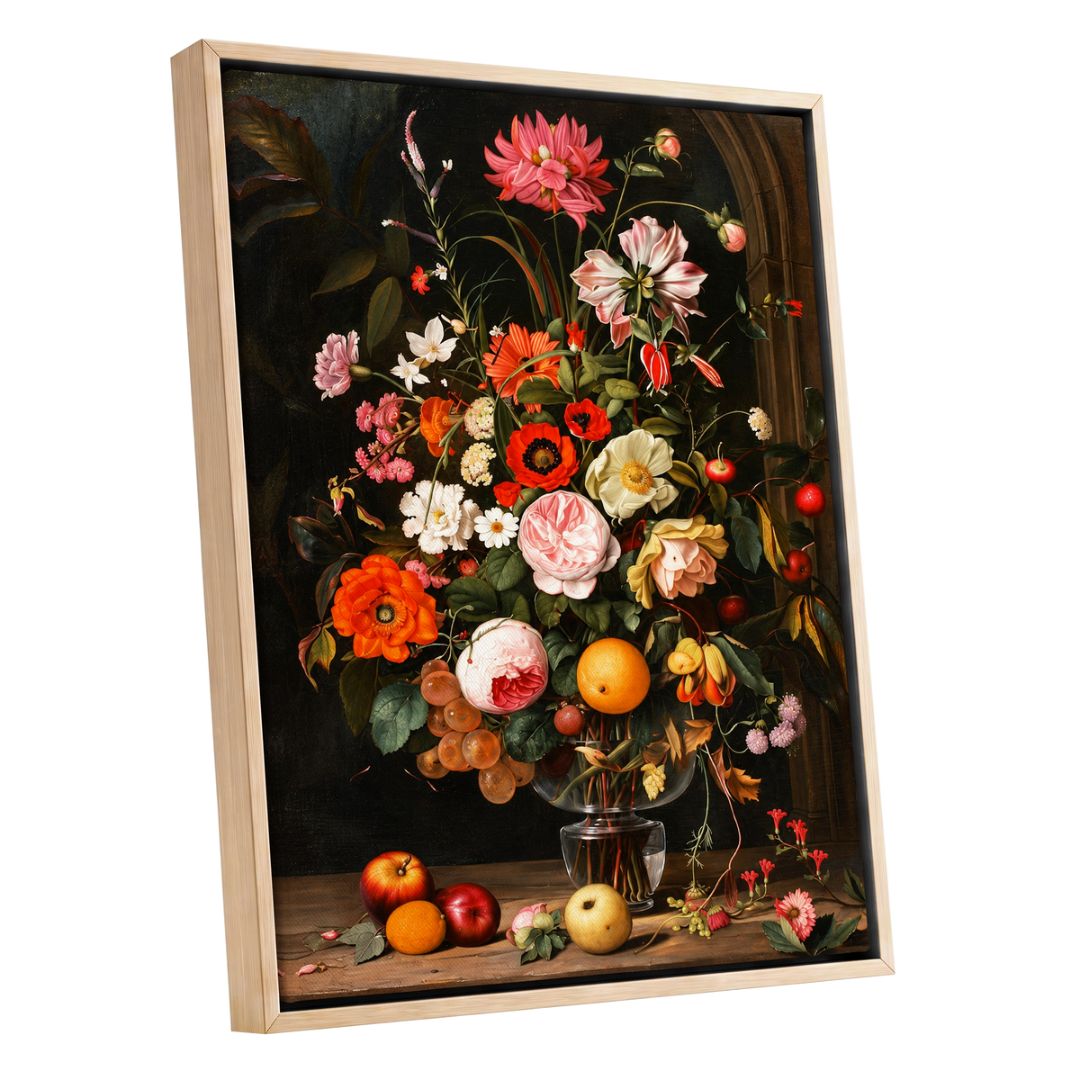 Orchard in Bloom, black, green, pink floral wall art shown as a oak framed canvas wall art