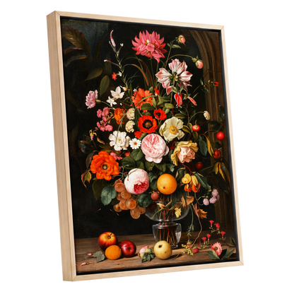 Orchard in Bloom, black, green, pink floral wall art shown as a oak framed canvas wall art