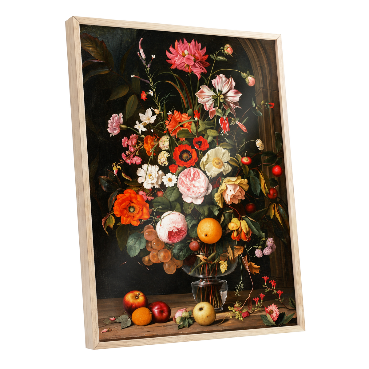 Orchard in Bloom, black, green, pink floral wall art shown as a oak framed poster wall art print