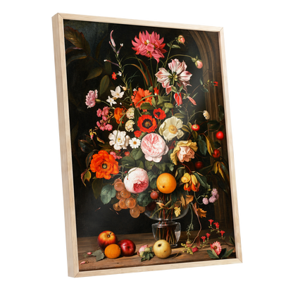Orchard in Bloom, black, green, pink floral wall art shown as a oak framed poster wall art print