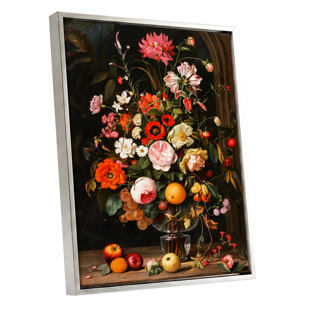 Orchard in Bloom, black, green, pink floral wall art shown as a silver framed canvas wall art