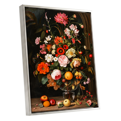 Orchard in Bloom, black, green, pink floral wall art shown as a silver framed canvas wall art
