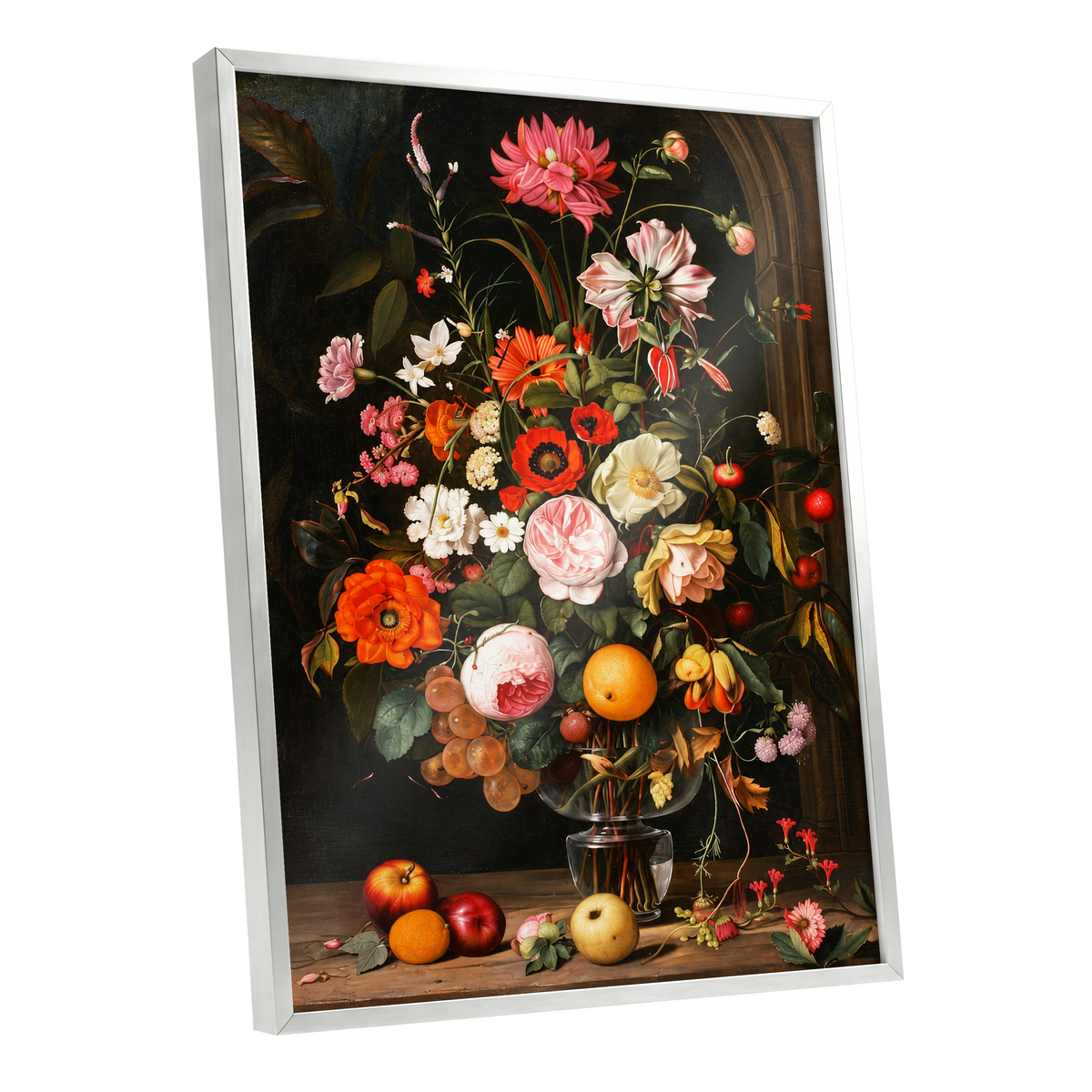 Orchard in Bloom, black, green, pink floral wall art shown as a silver framed poster wall art print