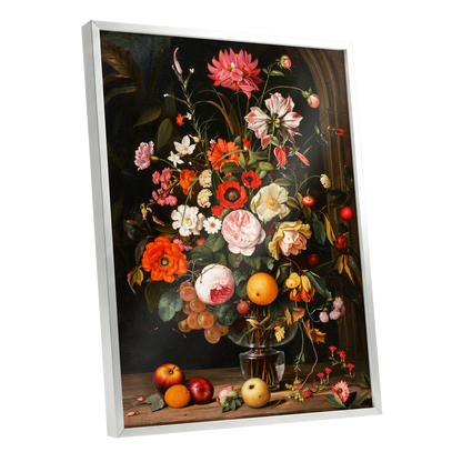 Orchard in Bloom, black, green, pink floral wall art shown as a silver framed poster wall art print