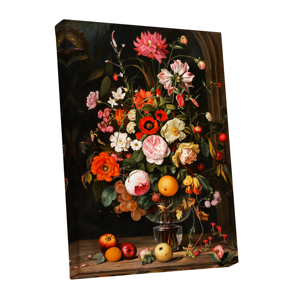Orchard in Bloom, black, green, pink floral wall art shown as a stretched canvas wall art