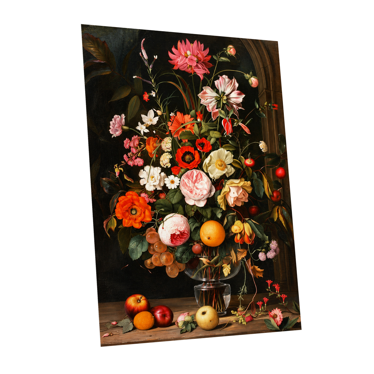 Orchard in Bloom, black, green, pink floral wall art shown as a unframed poster wall art print