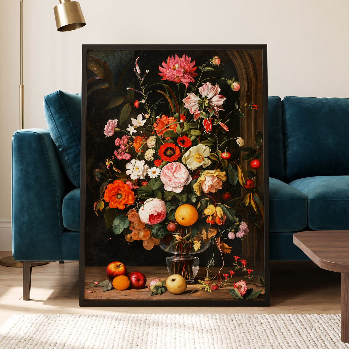 Orchard in Bloom, black, green, pink floral wall art displayed in a styled interior, gallery view 2