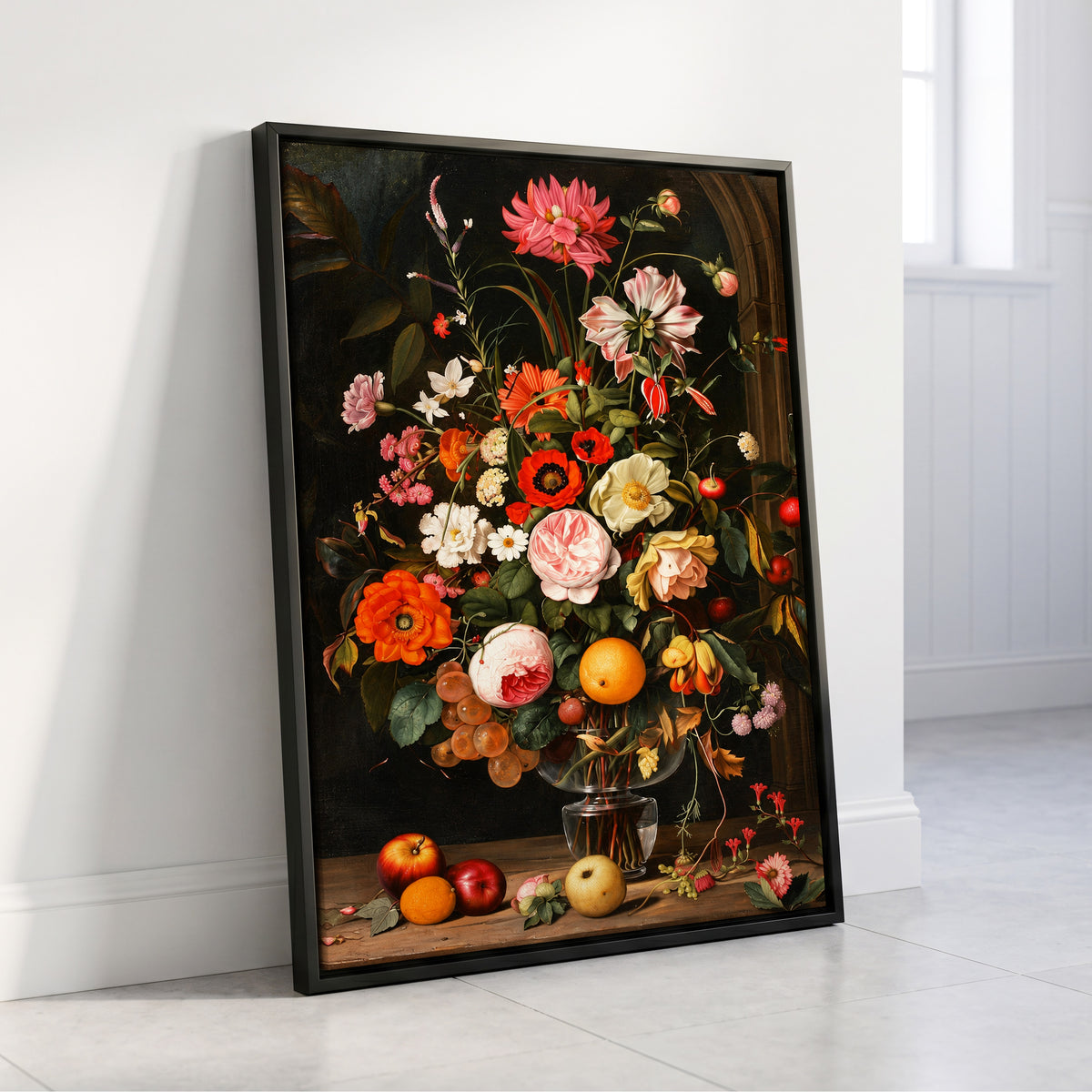 Orchard in Bloom, black, green, pink floral wall art displayed in a styled interior, gallery view 4