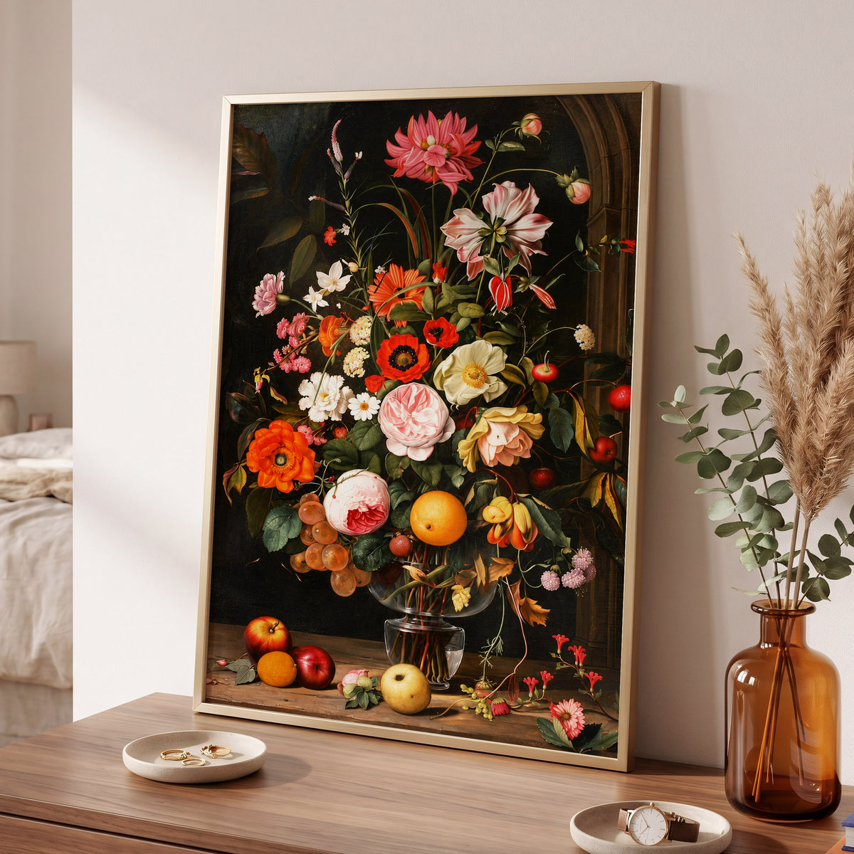 Orchard in Bloom, black, green, pink floral wall art displayed in a styled interior, gallery view 6