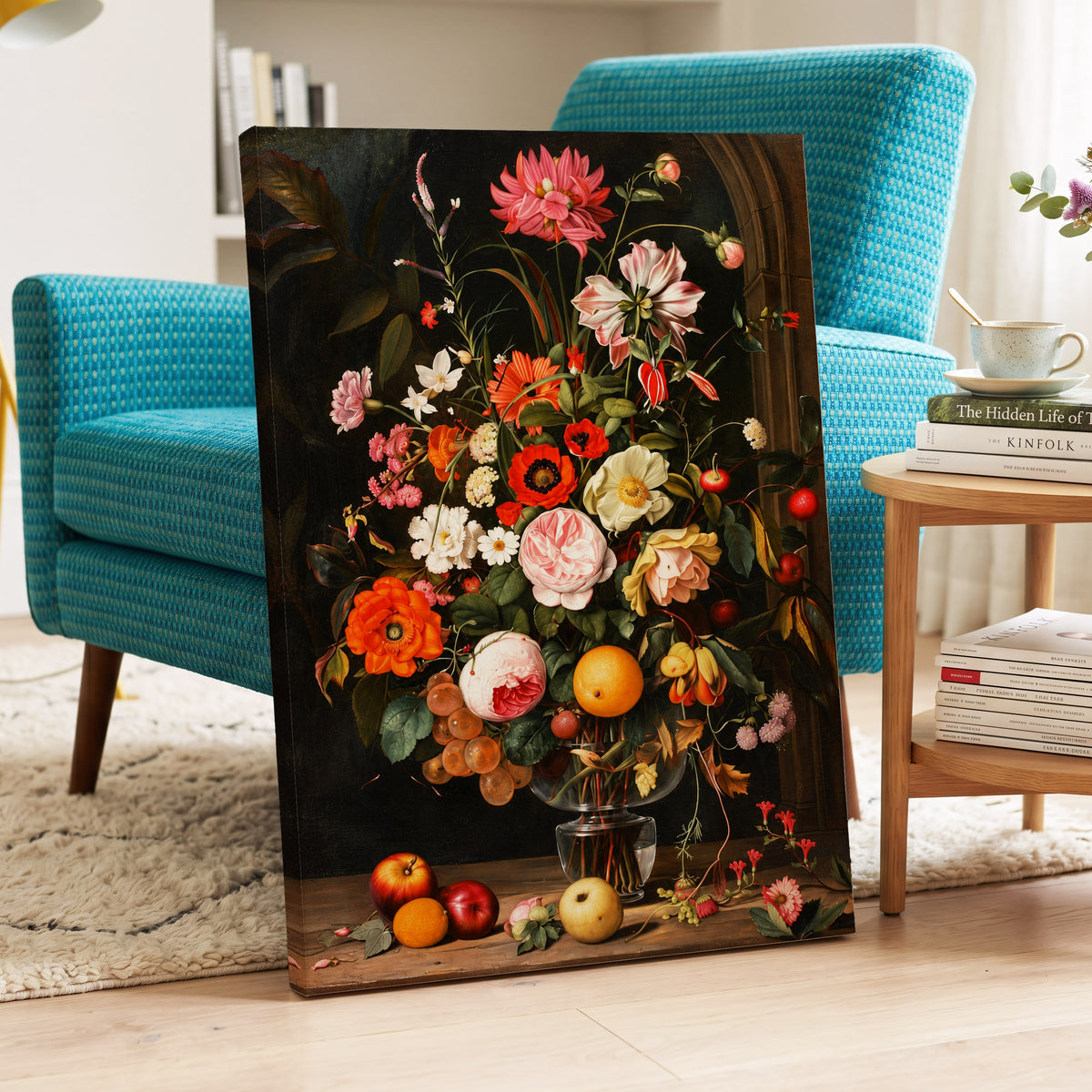 Orchard in Bloom, black, green, pink floral wall art displayed in a styled interior, gallery view 7