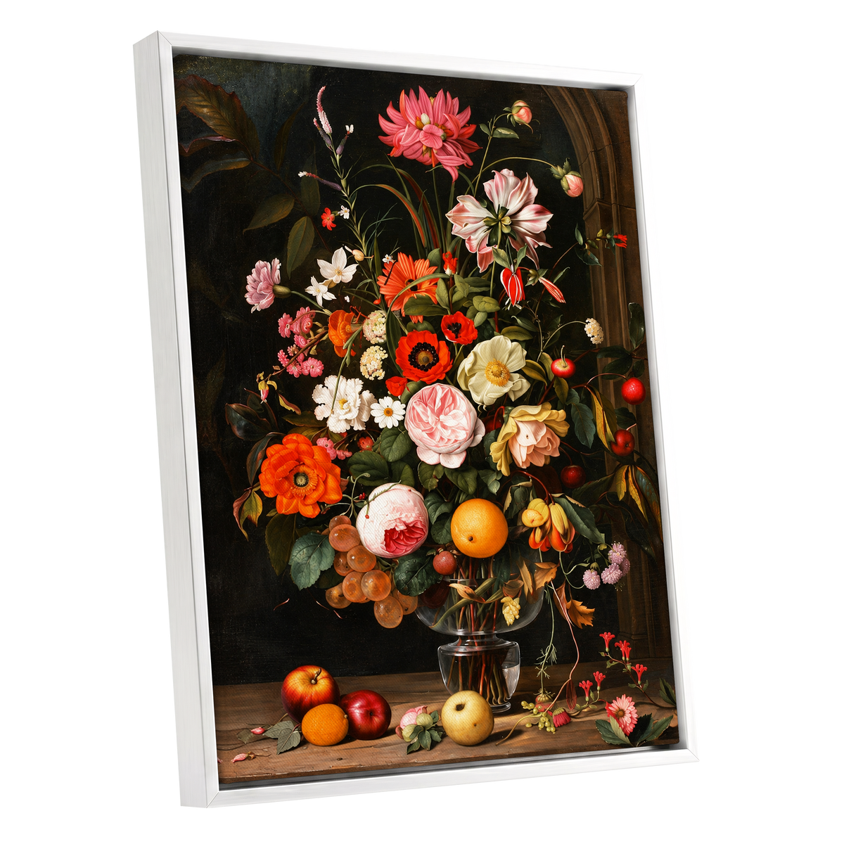 Orchard in Bloom, black, green, pink floral wall art shown as a white framed canvas wall art