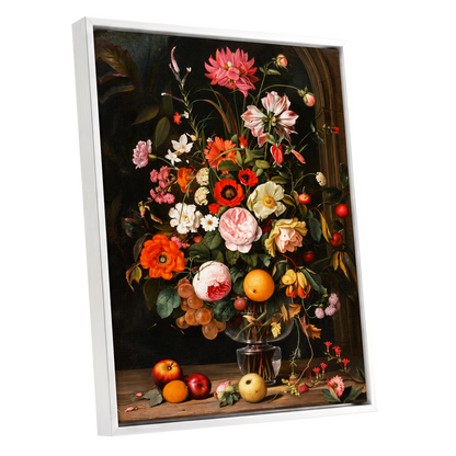 Orchard in Bloom, black, green, pink floral wall art shown as a white framed canvas wall art
