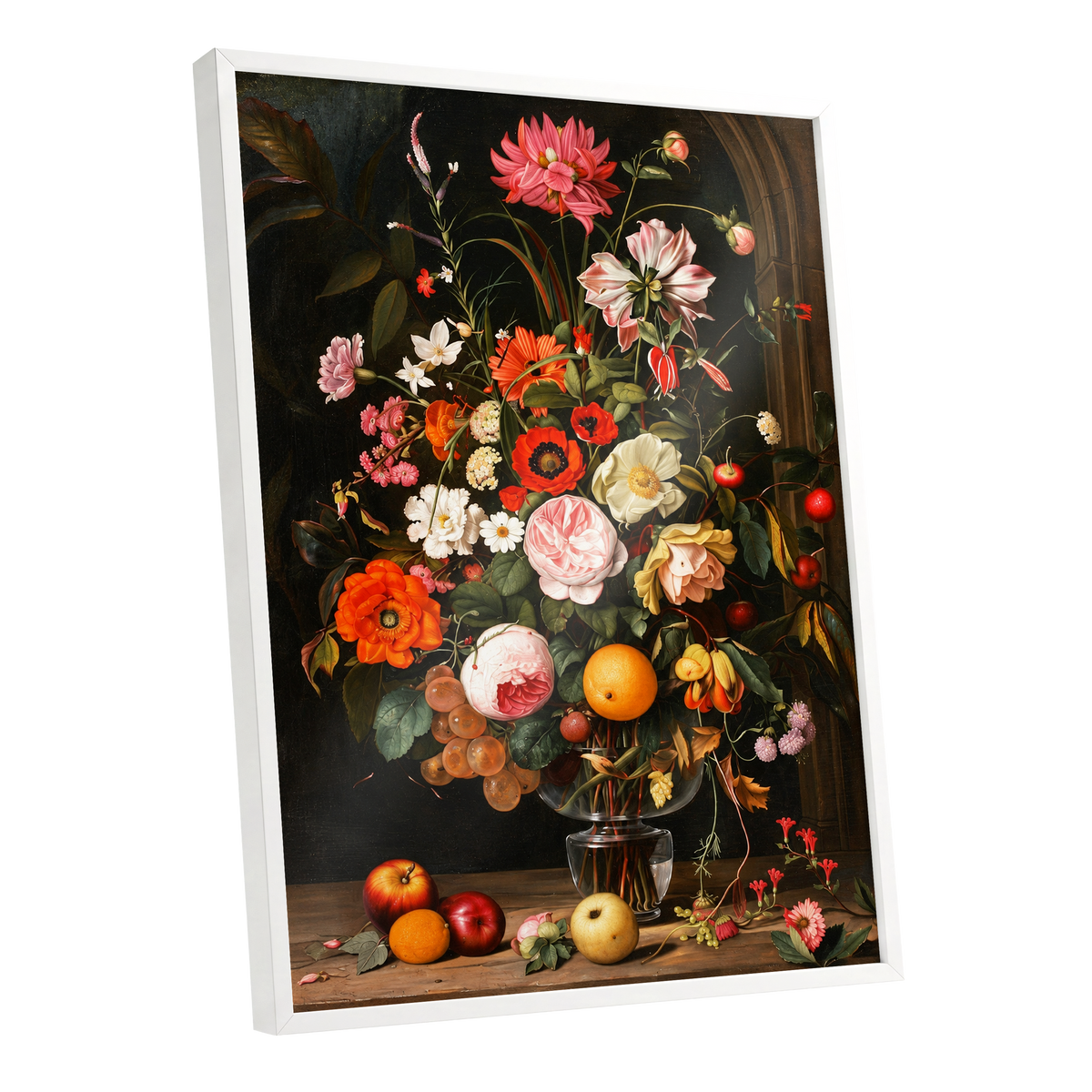 Orchard in Bloom, black, green, pink floral wall art shown as a white framed poster wall art print
