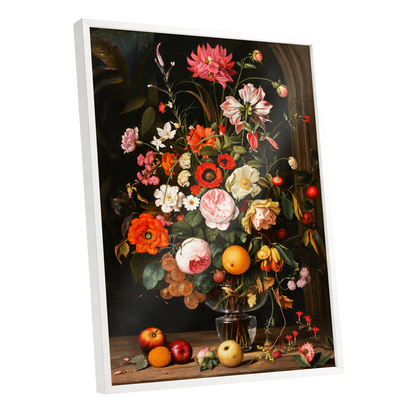 Orchard in Bloom, black, green, pink floral wall art shown as a white framed poster wall art print