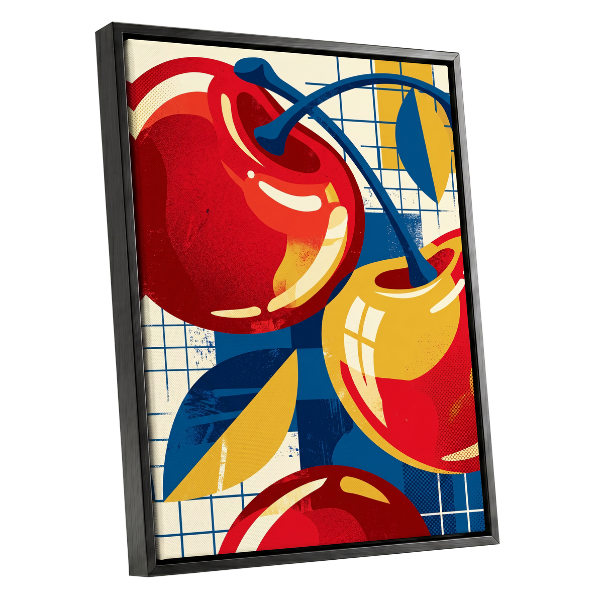Orchard in Orbit, red, blue, gold nature wall art shown as a black framed canvas wall art