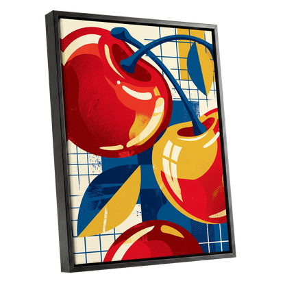 Orchard in Orbit, red, blue, gold nature wall art shown as a black framed canvas wall art